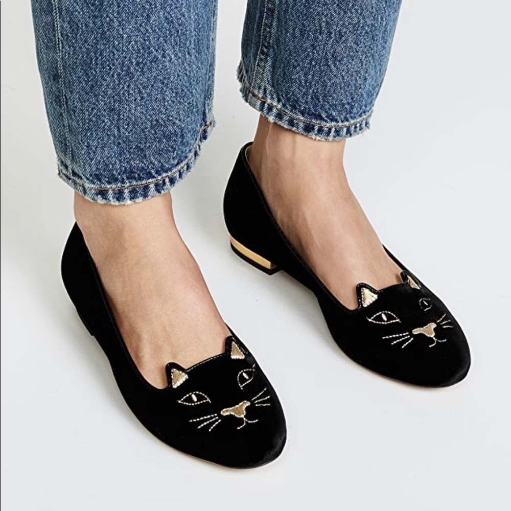 Charlotte Olympia Kitty Velvet Embroidered Accent Flats, 37